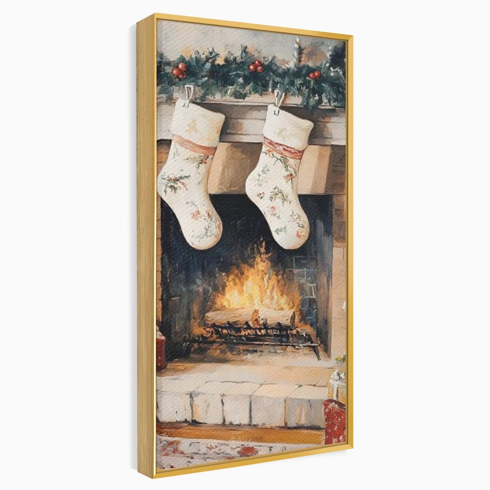 Tablou canvas cu tablou canvas cu ciorapi pe semineu, in rama de aluminiu auriu